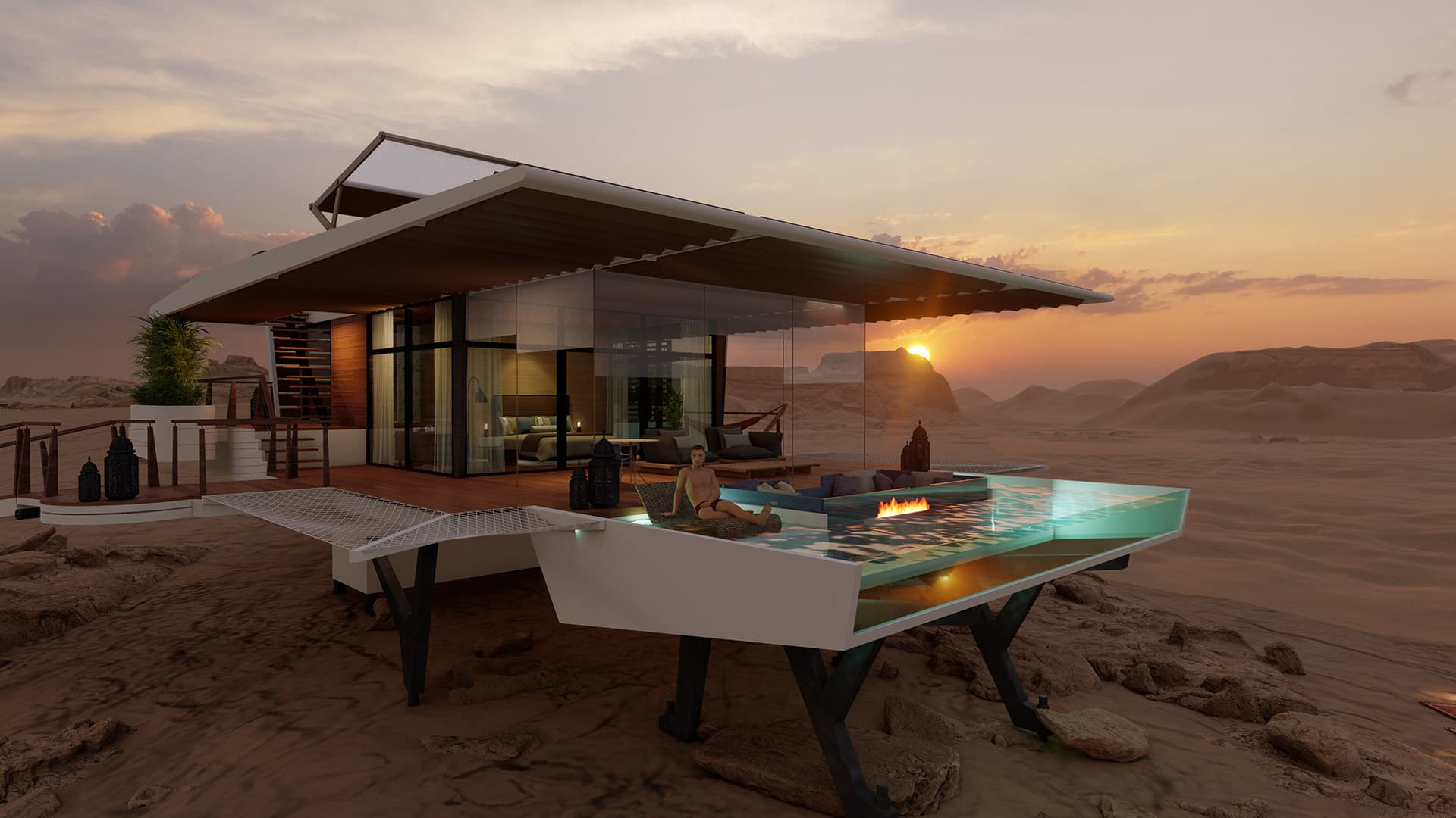 Light-filled interiors open to outdoor terraces, complete with pool and fireplace.