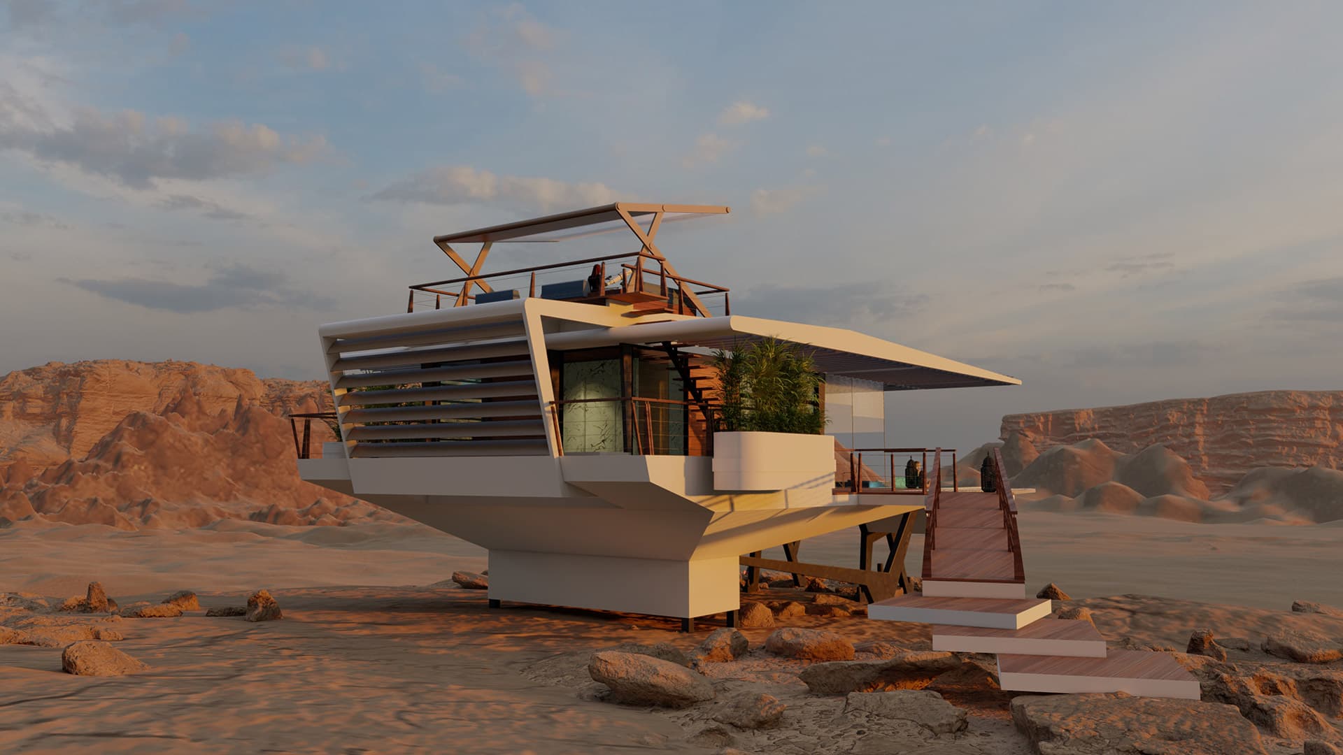 Habitare S's slim, layered design appears to grow out of the landscape.