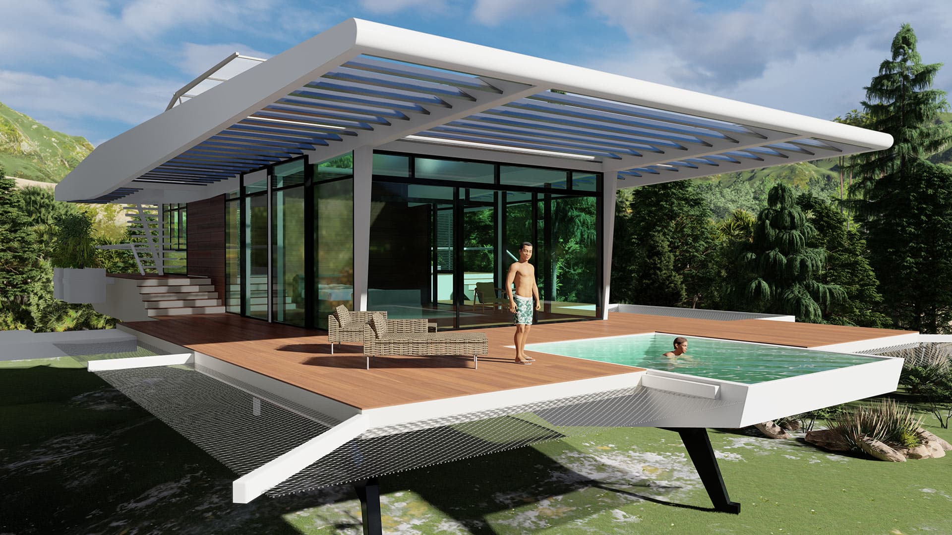 To create connection between elegant interiors and outer deck, the slim model features glass walls on three sides.