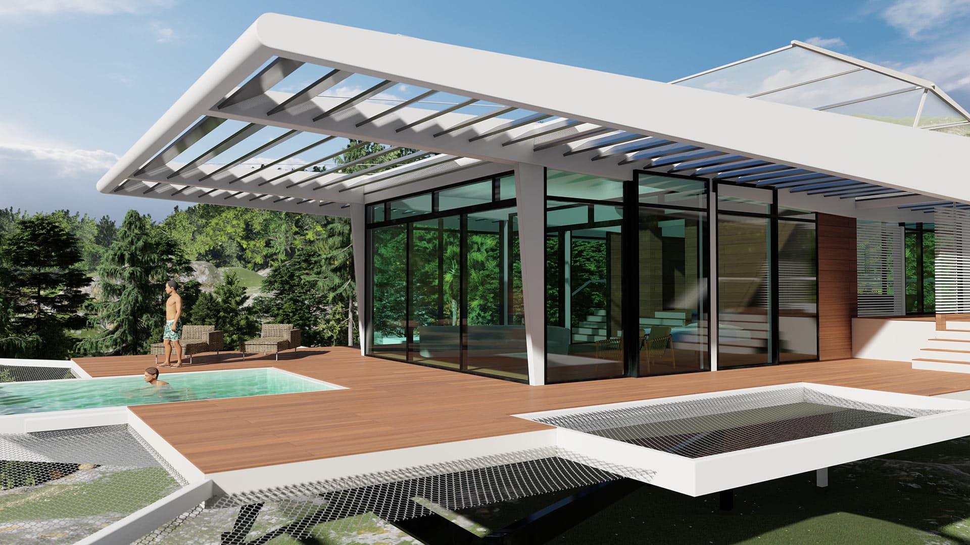 Veiled light through shaded outer deck allows for the perfect place to cool off and rejuvenate.