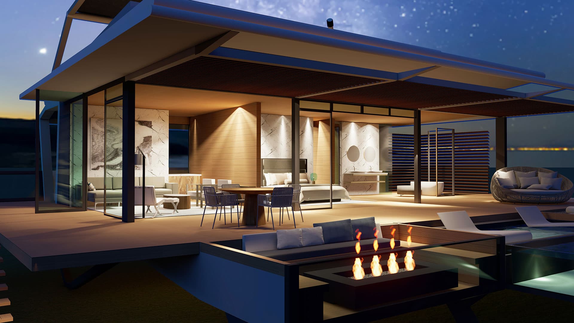 The extensive deck blends with interior space, allowing integrated indoor/outdoor living.