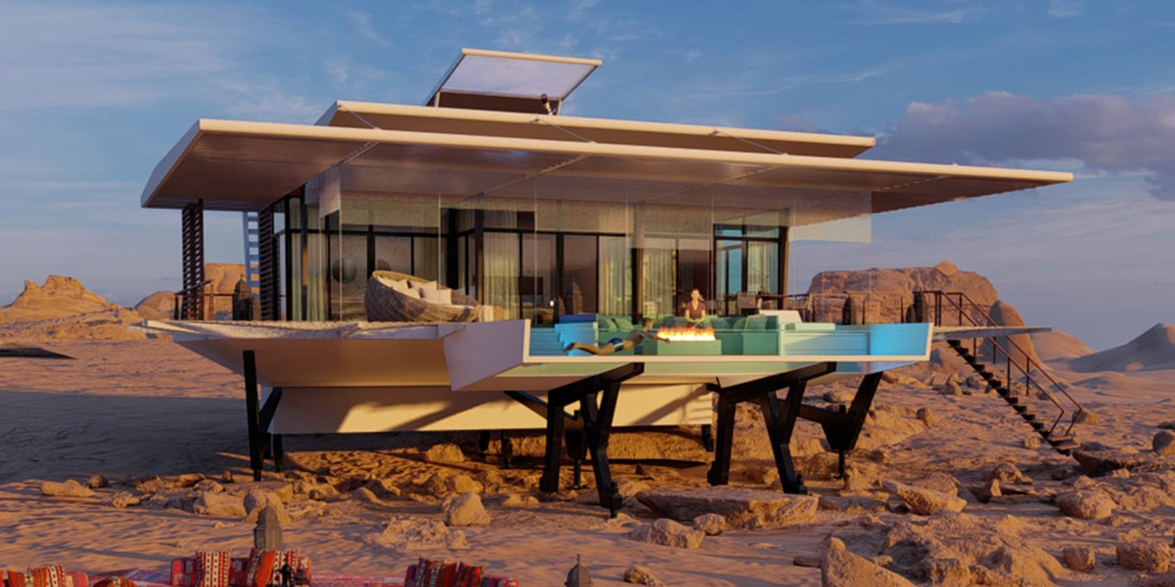 165 SM core model features a glass front wall with privacy screens on one side and back.